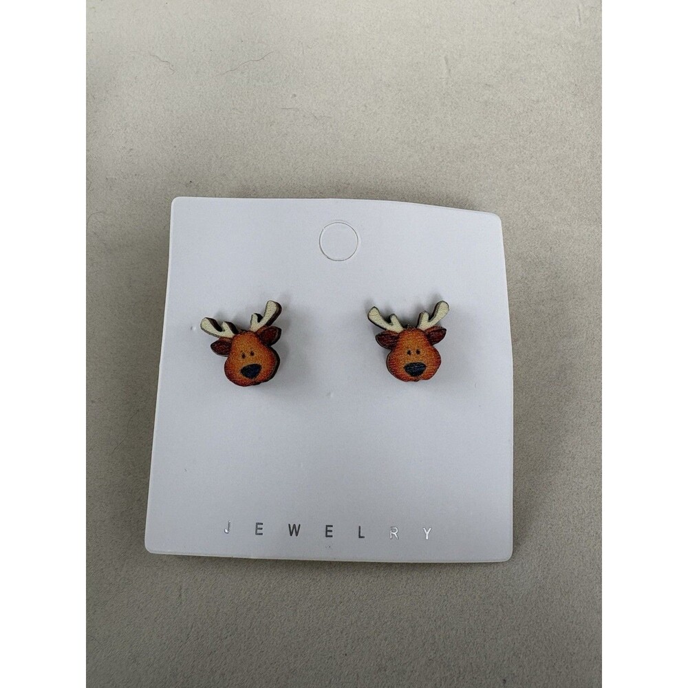 Wooden Carved Pair Hand Painted Of Small Reindeer Stud Earrings 3/4” Long